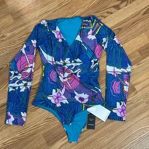 Amir Slama Draped Long Sleeves Bodysuit In Pink ,green and blue size XL